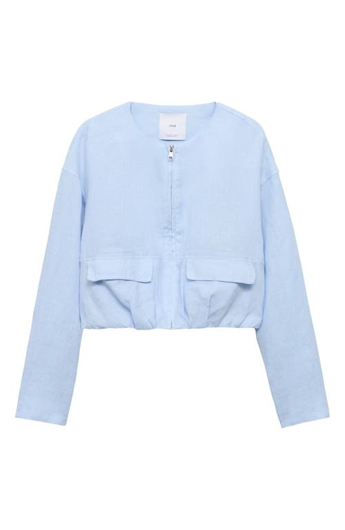 Mango Cropped Linen Jacket With Pockets Sky Blue