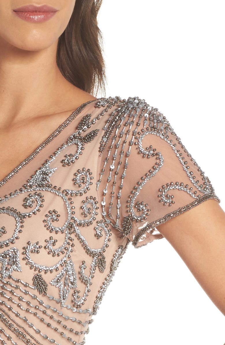 Beaded Mesh Column Gown