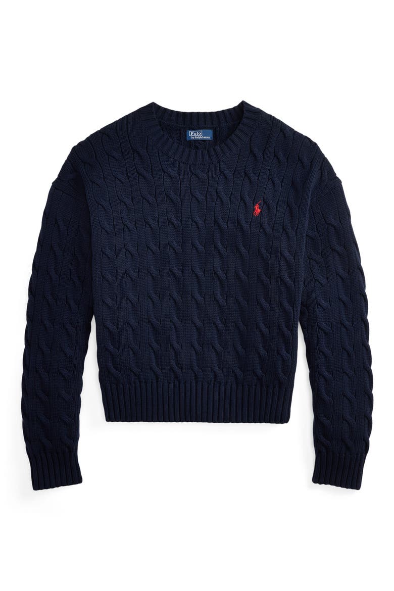 Cable Knit Crewneck Sweater, Alternate, color, HUNTER NAVY