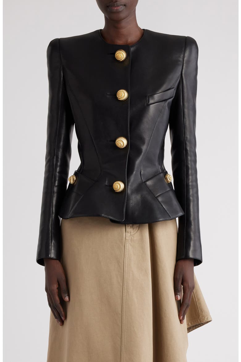 Peplum Leather Jacket, Main, color, 0PA BLACK