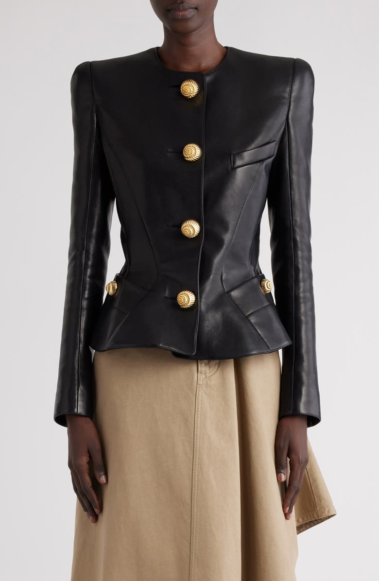 Balmain Peplum Leather Jacket, Main, color,