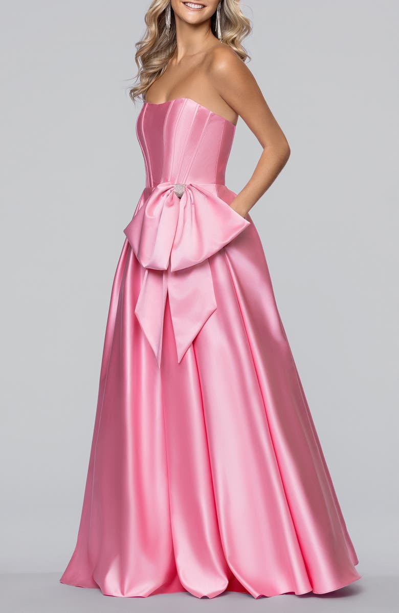 Blondie Nites Bow Strapless Satin Ballgown, Alternate, color, Pink