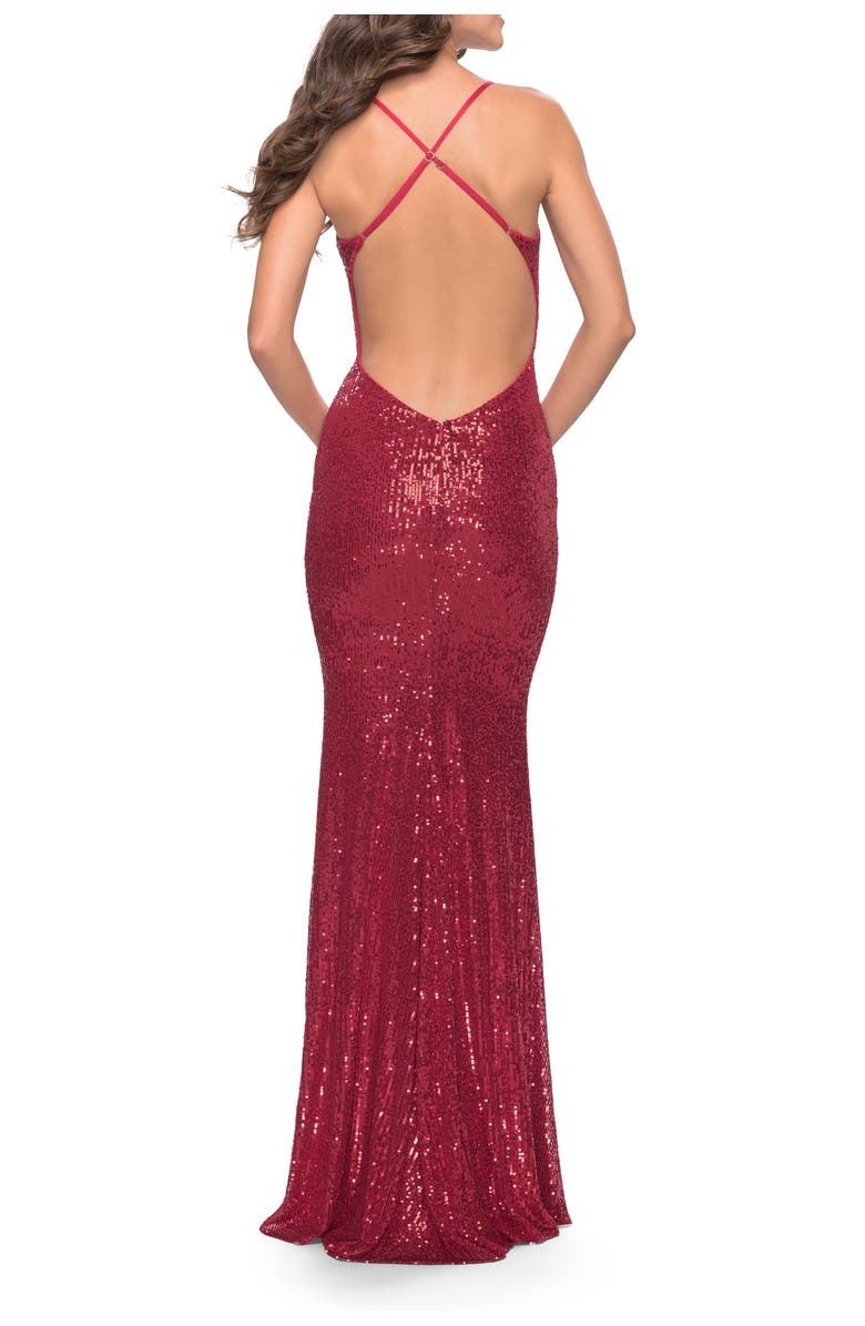 La Femme Sequin Long Dress with V Neckline and Open Low Back, Alternate, color, Red