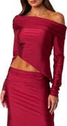 EDIKTED Reema Shiny Foldover One-Shoulder Asymmetric Top