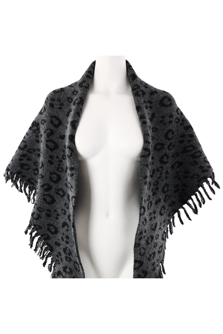 Jacquard Knit Leopard Triangle Scarf with Fringe, Alternate, color, GREY