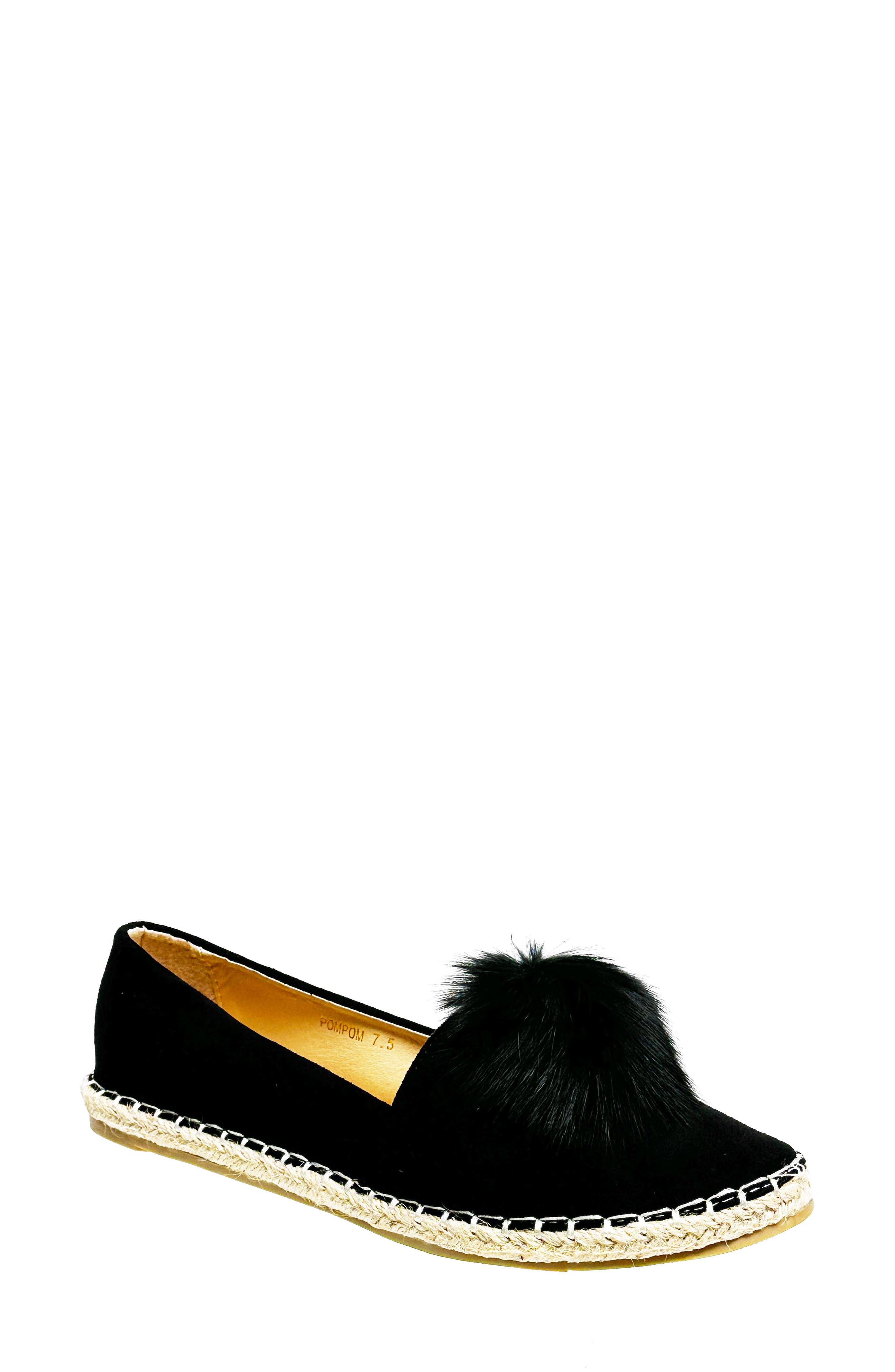 Faux Fur Pompom Espadrille Flat, Main, color, BLACK