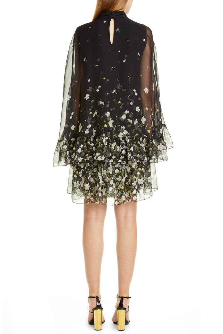 Floral Flounce Cape Sleeve Shift Dress, Alternate, color, BLACK / WHITE