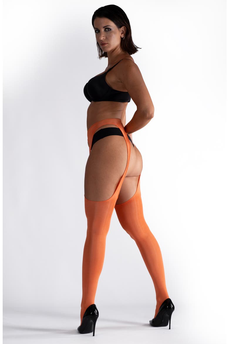 Lustrous Silky Shiny Sheer Suspender Crotchless Tights, Alternate, color, ORANGE