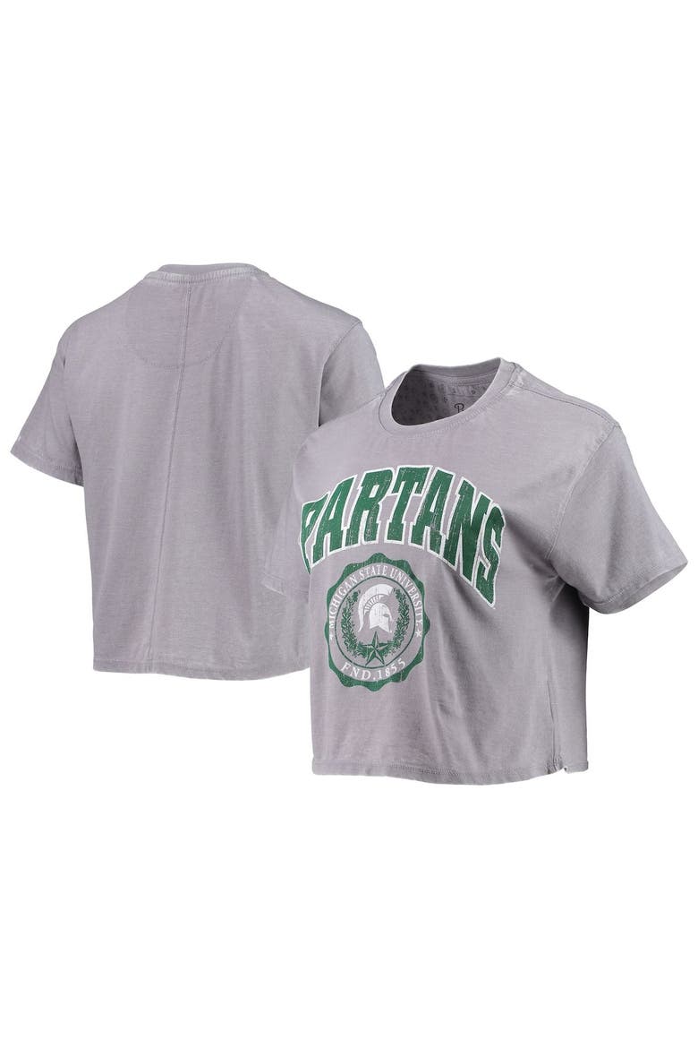 Women's Pressbox Heathered Gray Michigan State Spartans Edith Vintage Burnout Crop T-Shirt, Main, color, Heather Gray