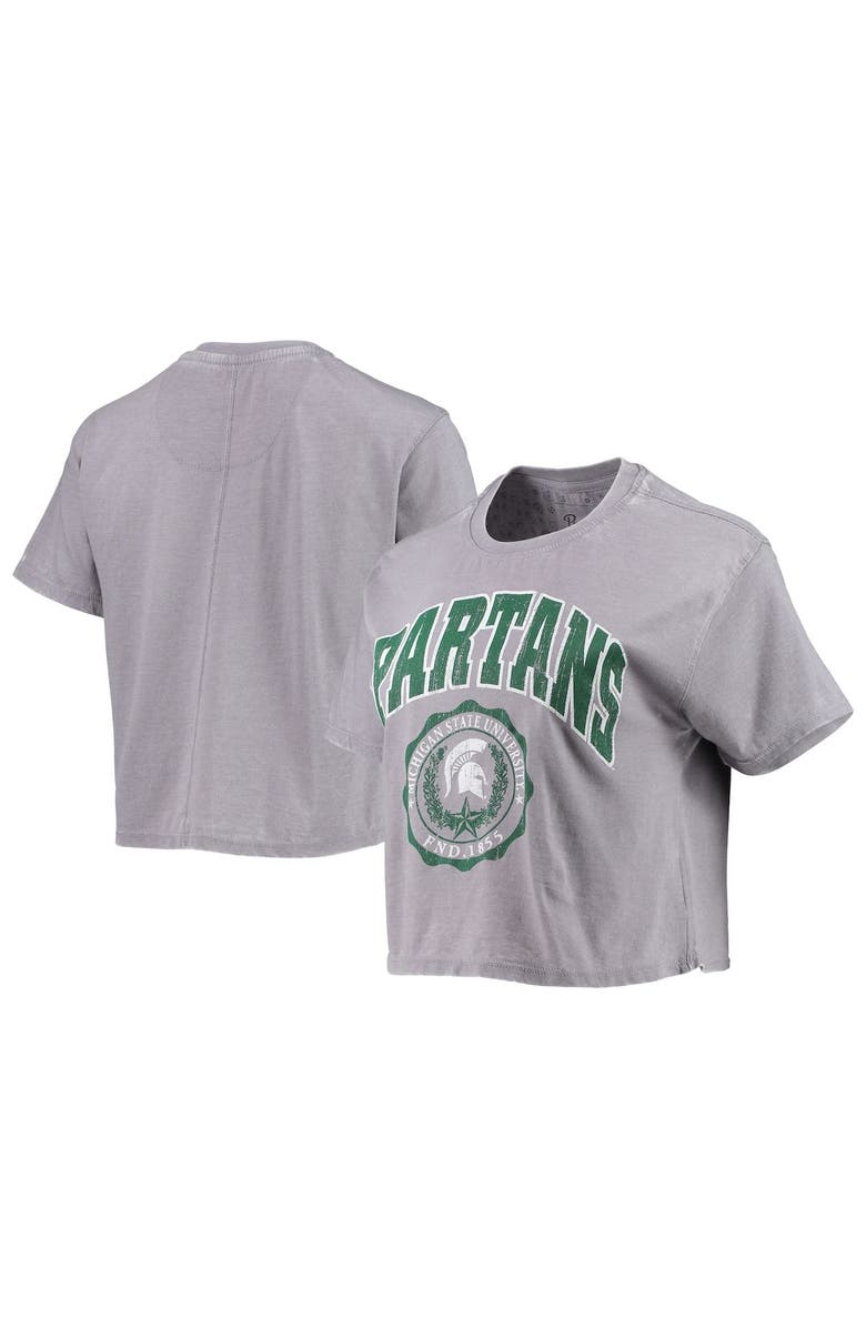 PRESSBOX Women's Pressbox Heathered Gray Michigan State Spartans Edith Vintage Burnout Crop T-Shirt, Main, color, Heather Gray