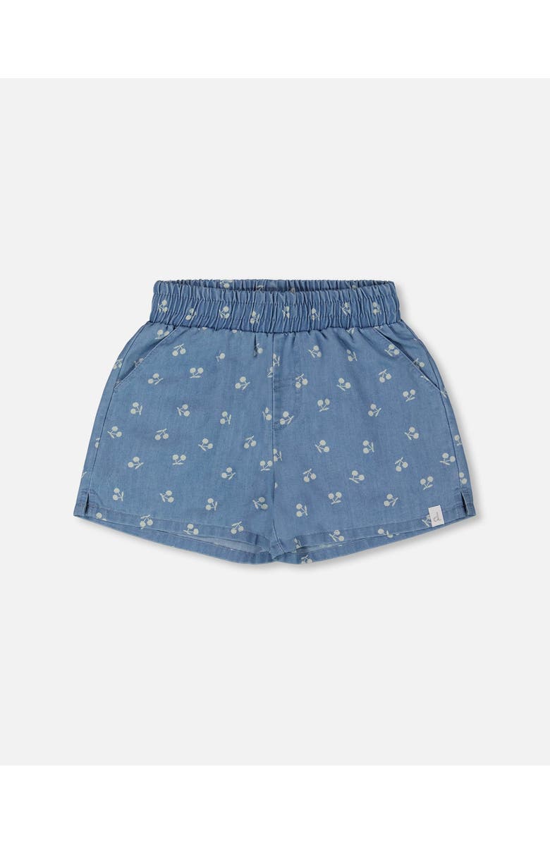 Deux par Deux Girl's Printed Chambray Short Blue And White Cherries, Main, color,