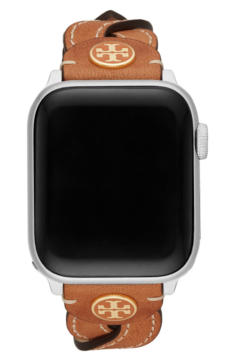 Tory Burch Braided Leather 20mm Apple Watch<sup>®</sup> Watchband, Alternate, color, Caramel