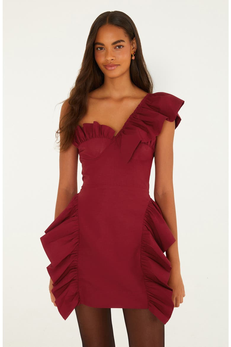 Ruffled One-Shoulder Minidress, Alternate, color, DARK RED