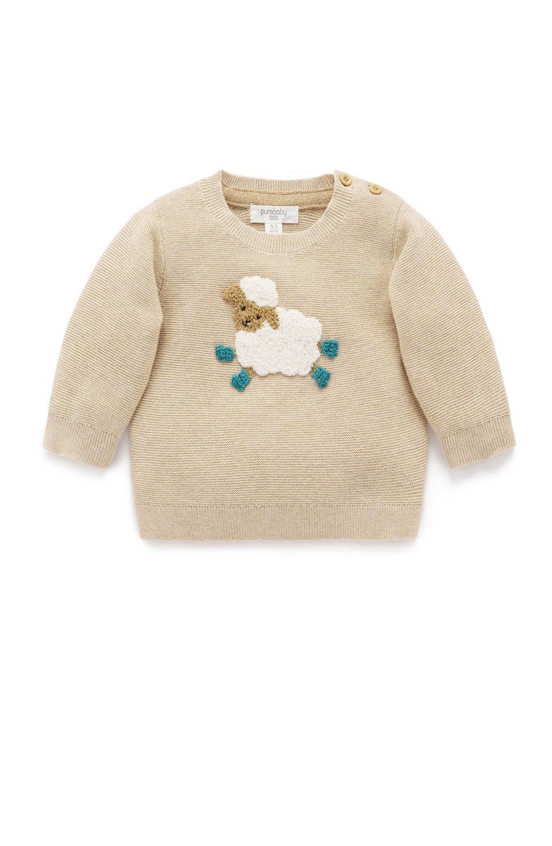 Purebaby On The Farm Knit Sweater, Main, color, Almond Melange Wheat Sheep