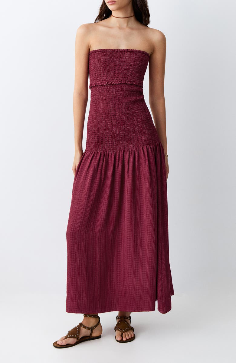 MANGO TEEN Smocked Strapless Maxi Dress, Main, color, Maroon