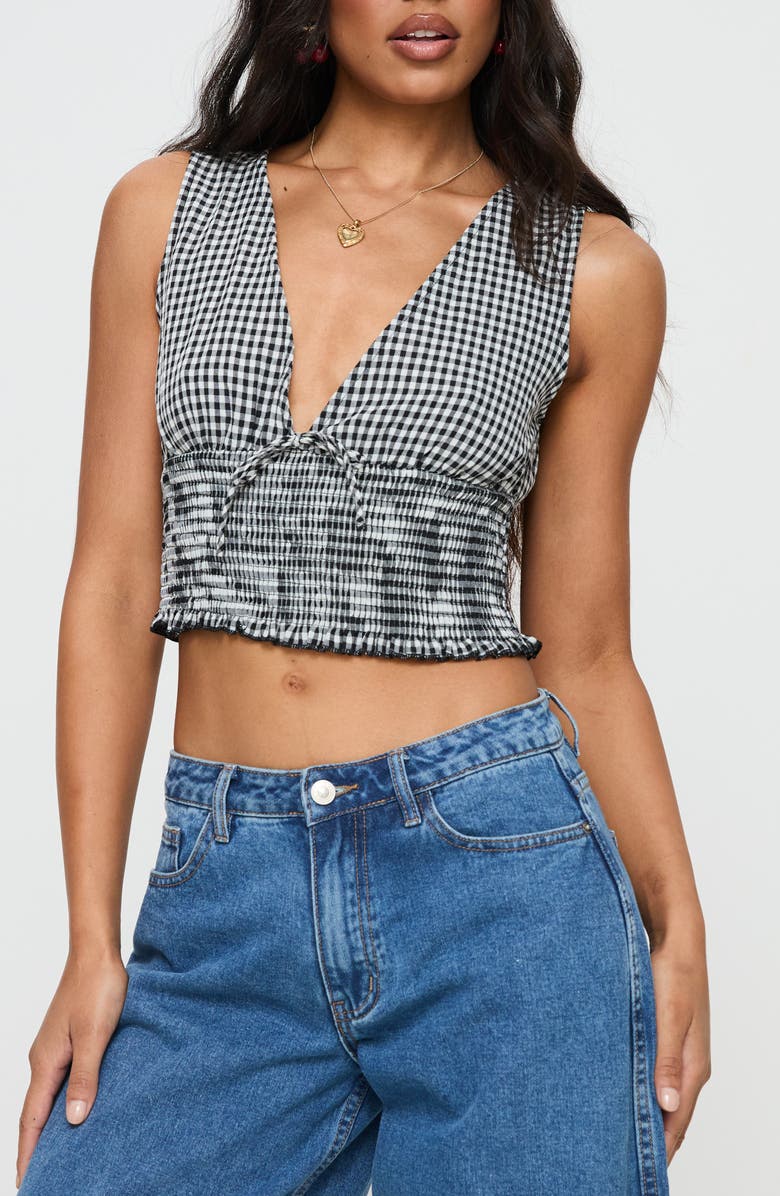 Princess Polly Mixing It Up Gingham Smocked Crop Tank, Main, color, Black