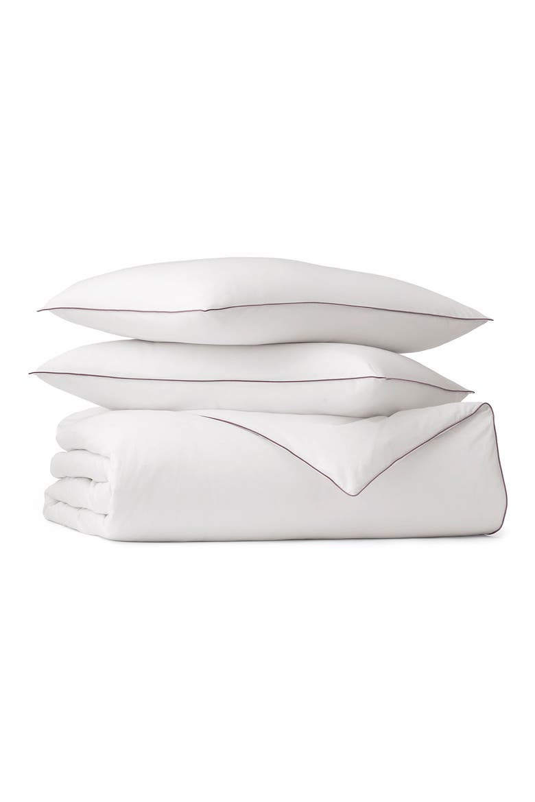 Signature Piped Edge Organic Cotton Duvet & Shams Set, Main, color, WHITE/ PLUM