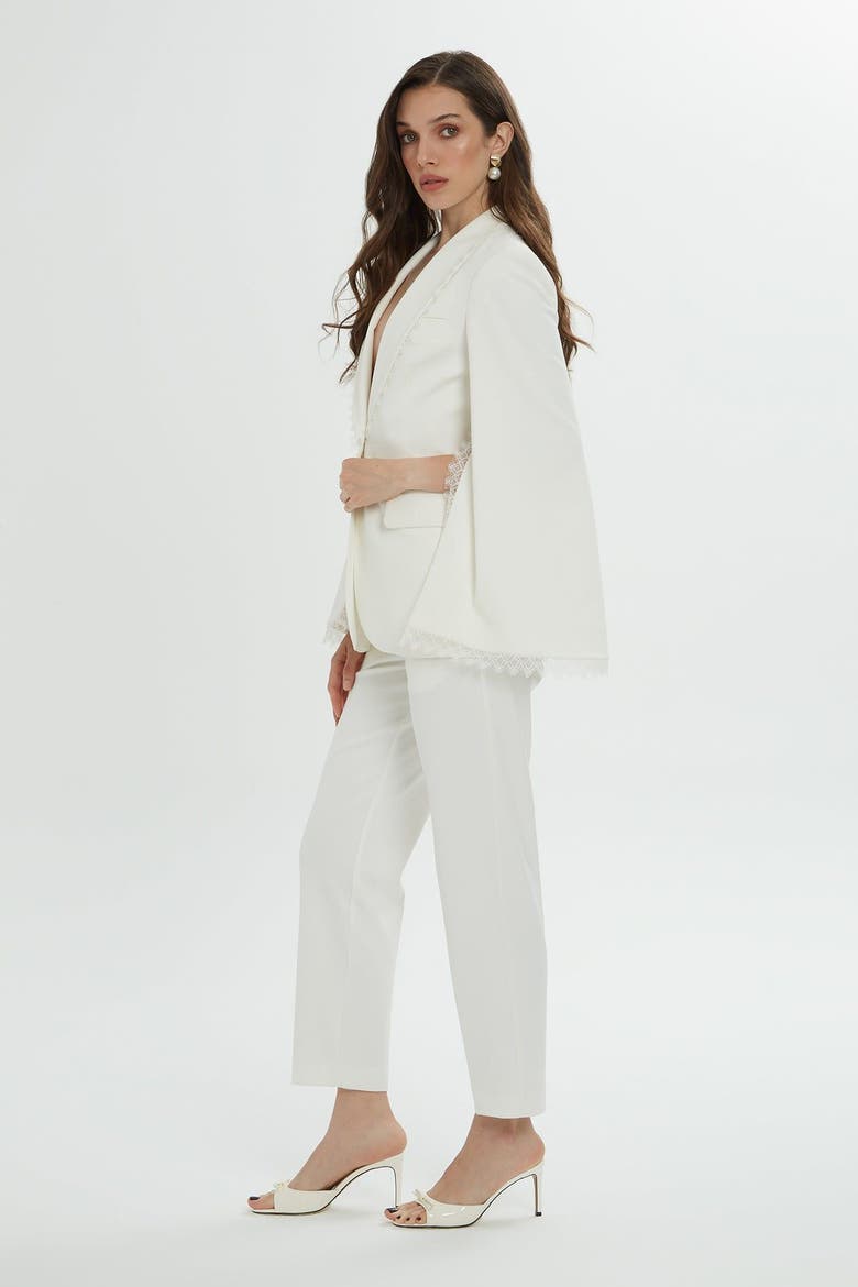 Lace Detail Sleeves and Collar Cream Blazer and Pants Suit, Alternate, color, Beige