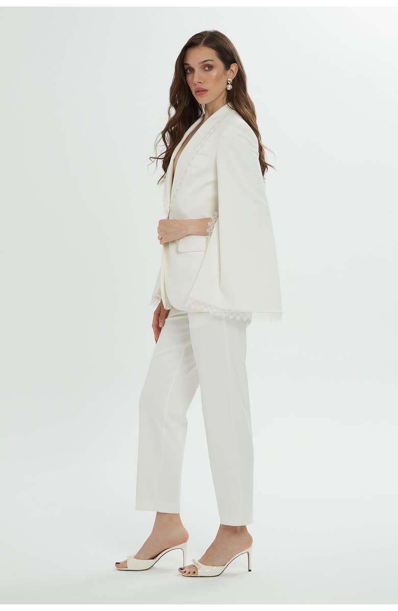 Gizia Lace Detail Sleeves and Collar Cream Blazer and Pants Suit, Alternate, color, Beige
