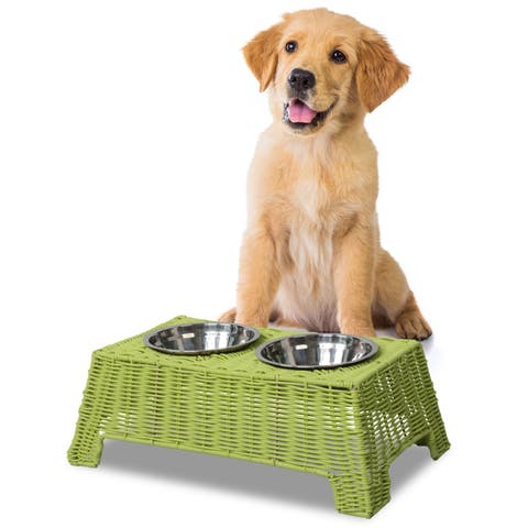 Serenity 6.9" Small/Medium Elevated Wicker Pet Feeder with 18oz (2.2 Cups) 2-Stainless Steel Bowls