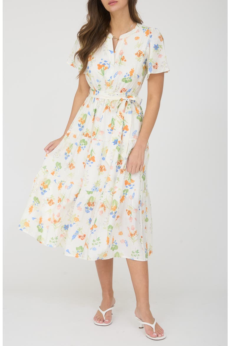 Flutter Sleeve Midi Dress, Alternate, color, IVORY MULTI