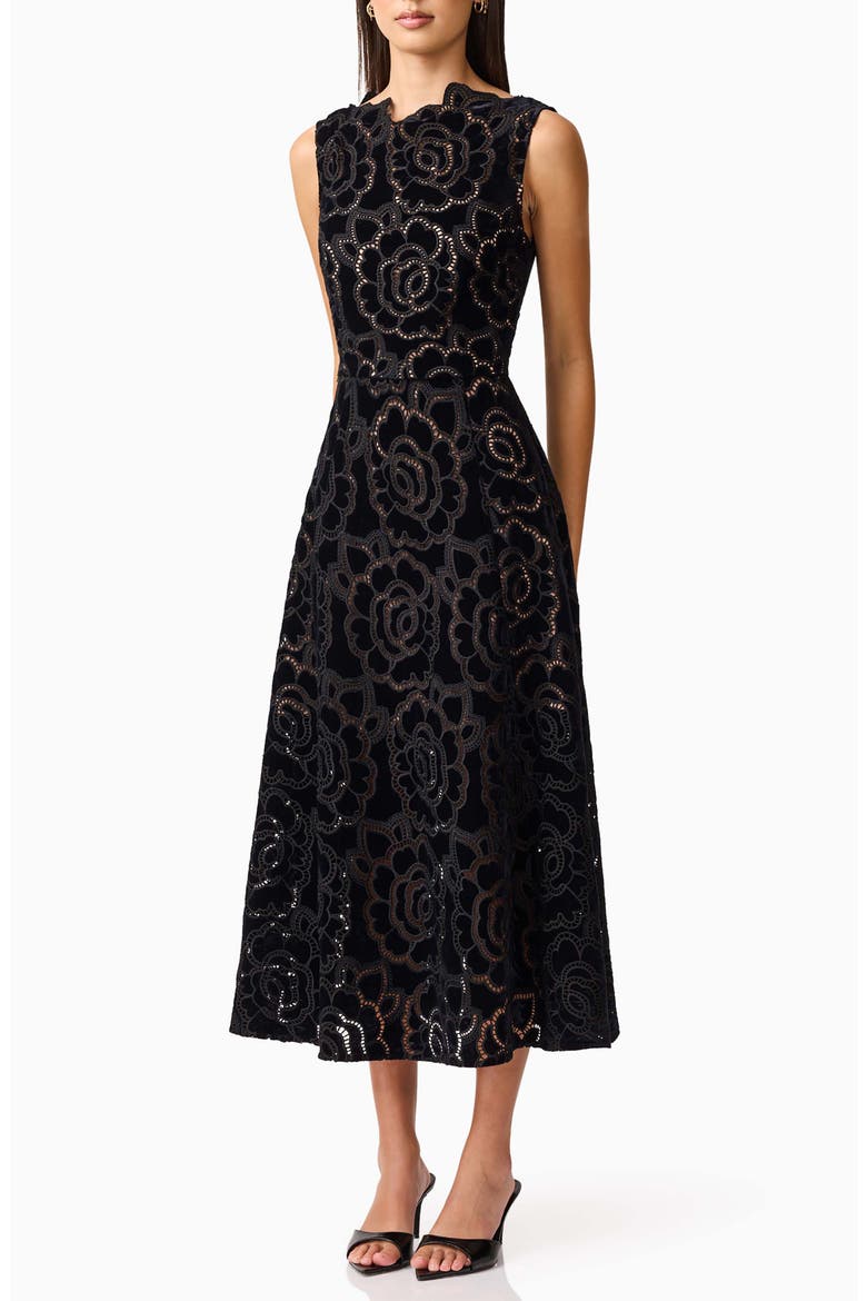 Eris Sleeveless Velvet Lace Midi Dress, Alternate, color, BLACK
