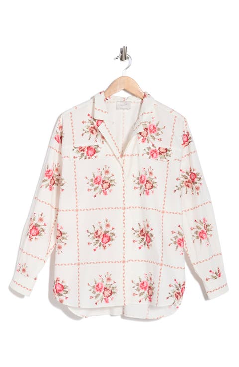 Windowpane Print Long Sleeve Button-Up Shirt