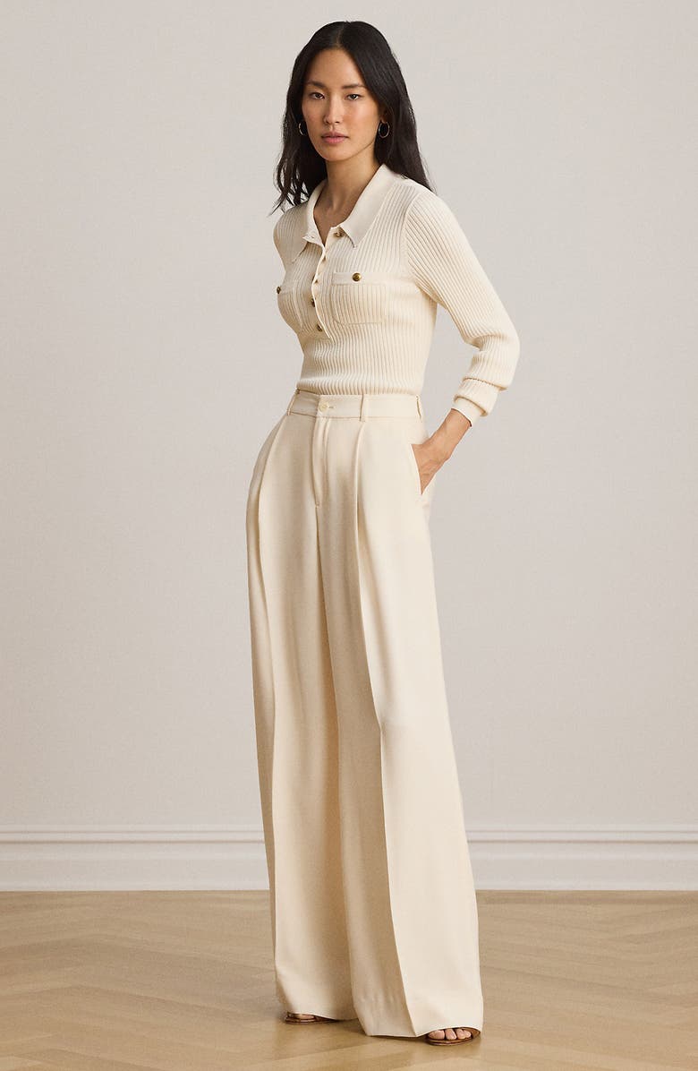 Lauren Ralph Lauren Wide Leg Pleat Crepe Pants, Alternate, color, Mascarpone Cream