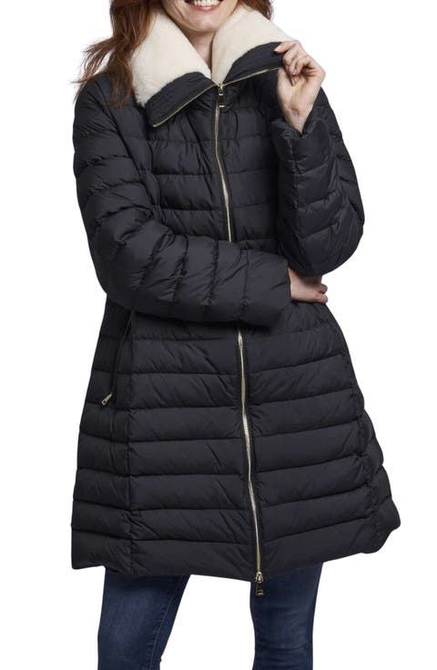 Channel Quilted Water Resistant 700-Fill Power Down Puffer Jacket with Genuine-Shearling Trim