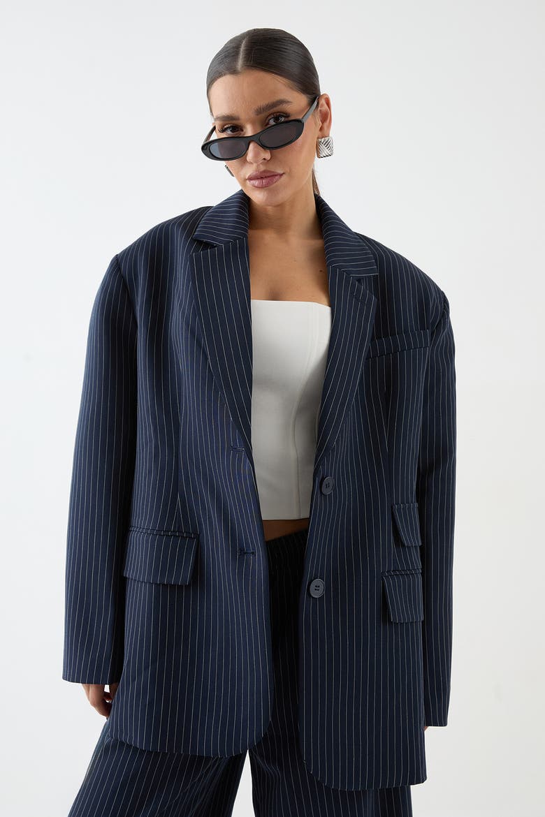 Premium Pinstripe Oversized Blazer, Main, color, Navy