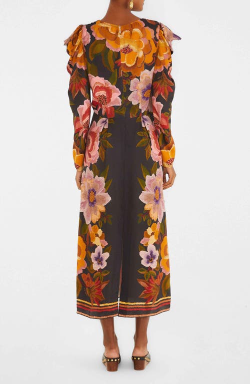Farm Rio Viscose Long Dress With Chenille Flowers Print In Brown