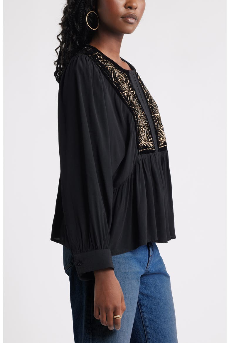 Metallic Embroidered Split Neck Top, Alternate, color, BLACK