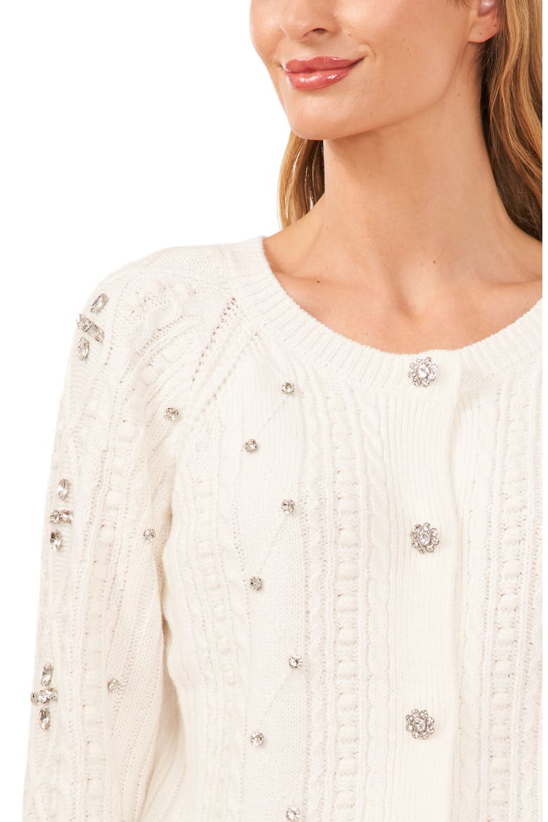 Embellished Cable Stitch Cardigan, Alternate, color, ANTIQ WHITE