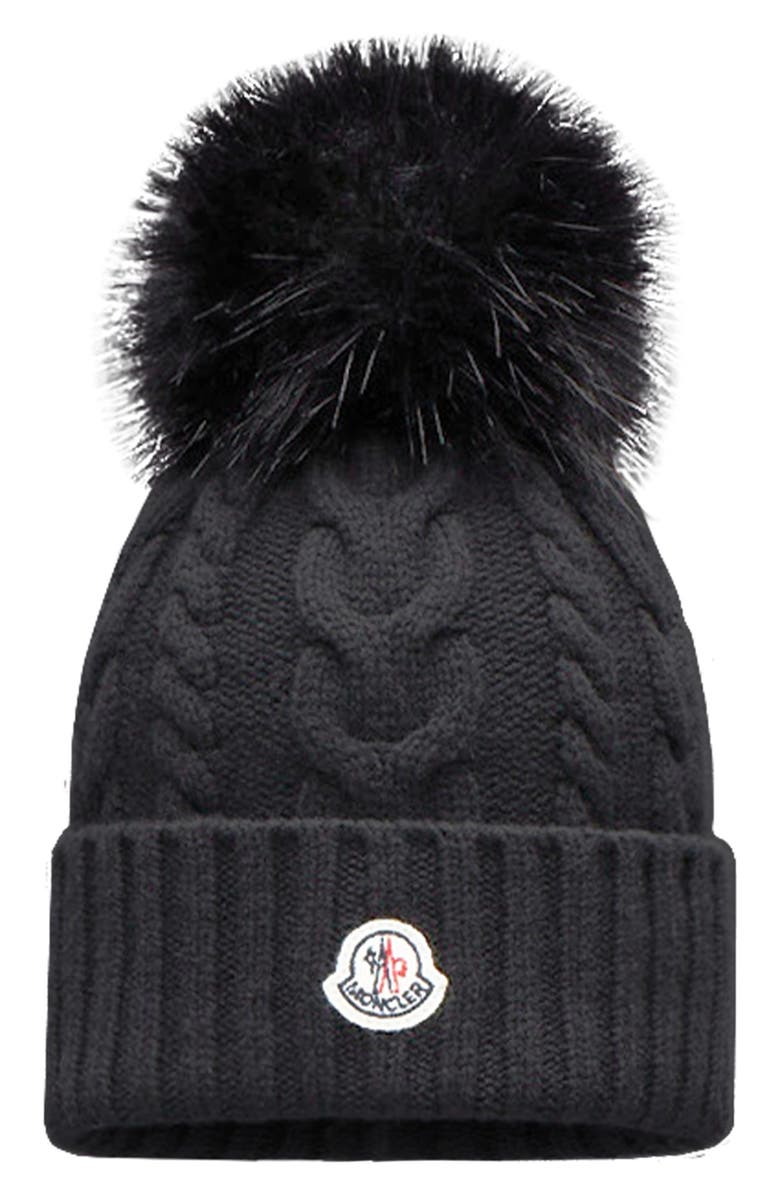 Moncler Cable Knit Wool & Cashmere Pom Beanie, Alternate, color, 