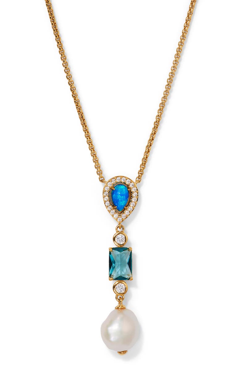Nadri Blue Lagoon Cubic Zirconia & Freshwater Pearl Pendant Necklace, Main, color, Gold