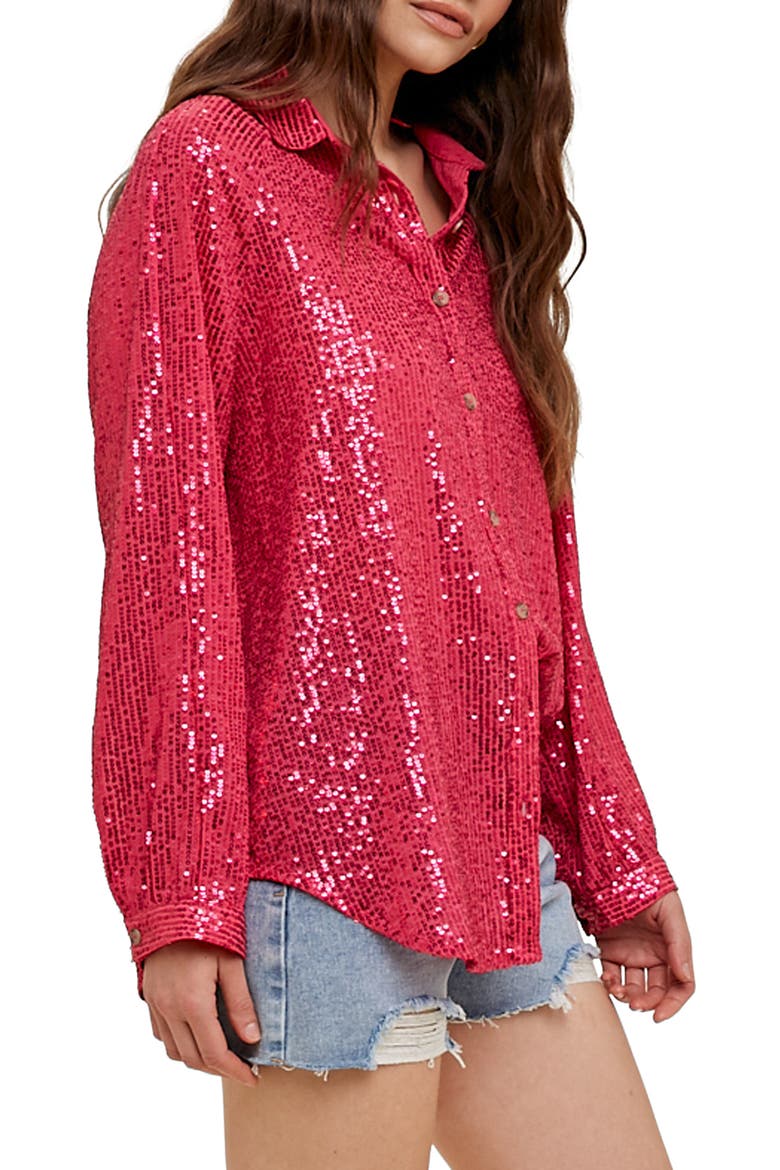 Sequin Button-Up Shirt, Alternate, color, FUCHSIA