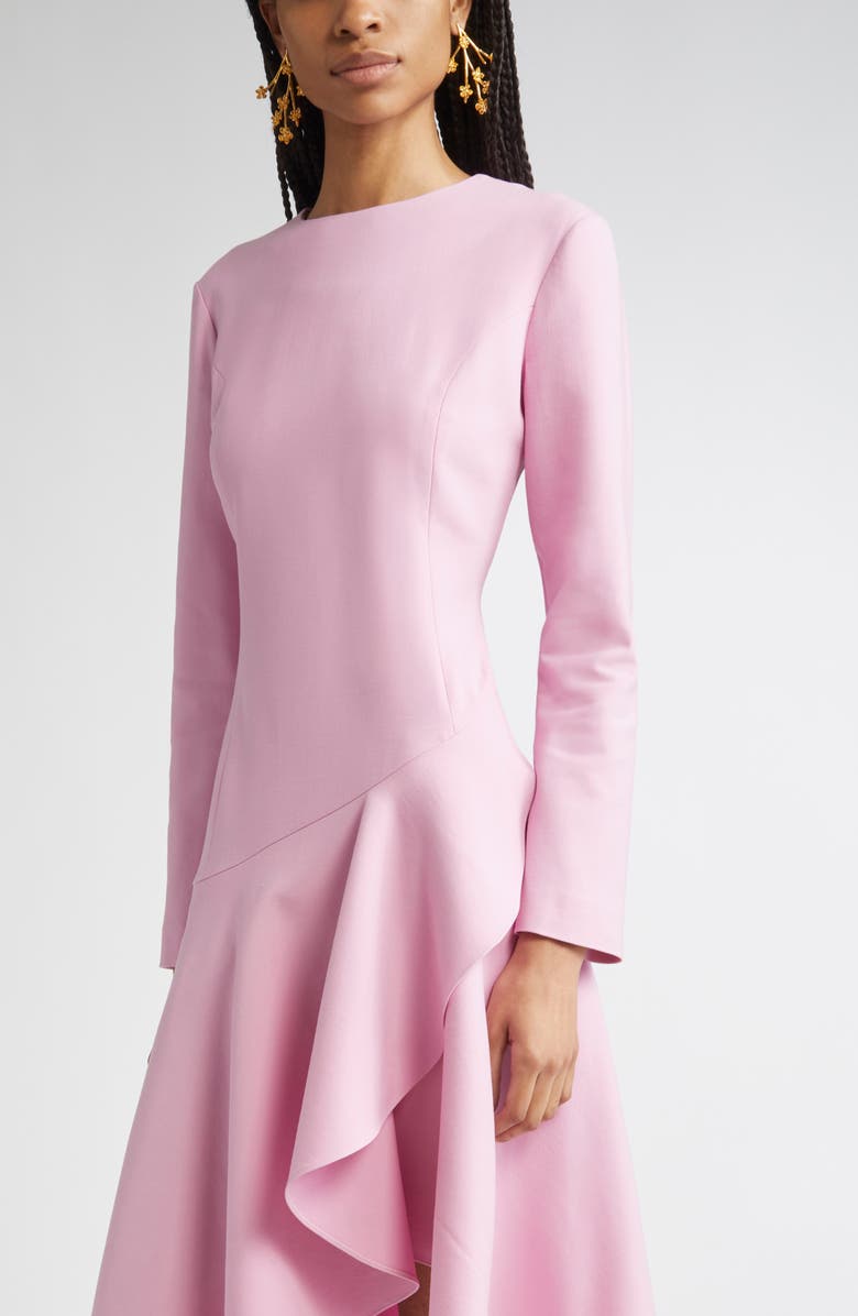 Oscar de la Renta Asymmetric Long Sleeve Stretch Wool Dress, Alternate, color, Lily