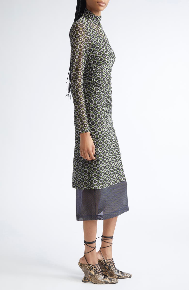 Dries Van Noten Hofes Tie Print Layered Long Sleeve Mesh Midi Dress, Alternate, color, Green