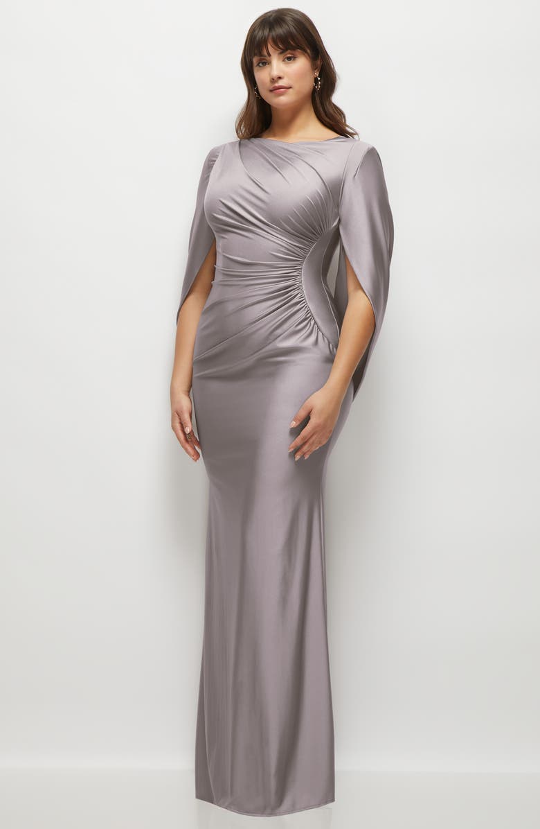 After Six Cape Sleeve Satin Gown, Alternate, color, Cashmere Gray