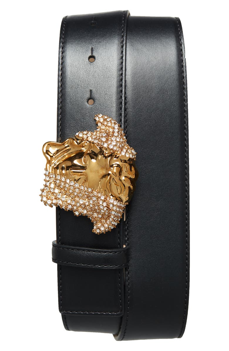 Versace Palazzo Dia Medusa Head Pavé Buckle Leather Belt, Main, color,