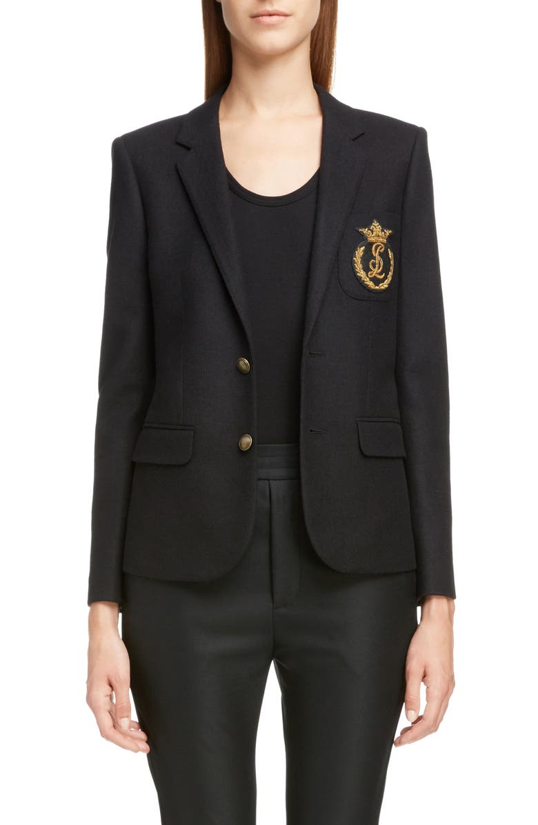 Saint Laurent Crown Logo Patch Wool Blazer, Main, color, 