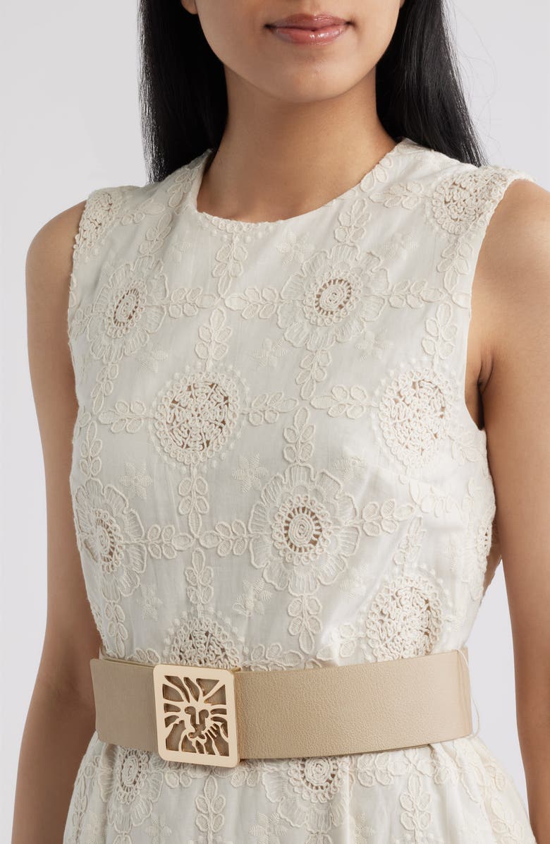 Anne Klein Embroidered Belted Sleeveless Midi Dress, Alternate, color, White Dove/ Ivory