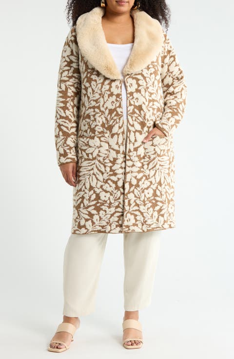 Faux Fur Collar Sweater Coatigan (Plus)