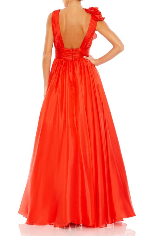 Mac Duggal Ruffle Shoulder V-neck Chiffon Gown In Cherry