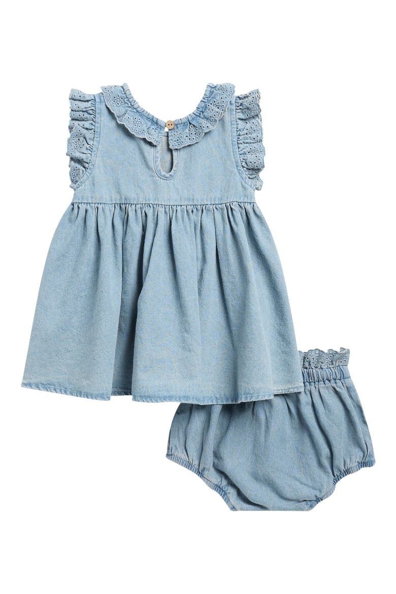 Sophie Eyelet Ruffle Organic Cotton Dress with Bloomers, Alternate, color, CHAMBRAY