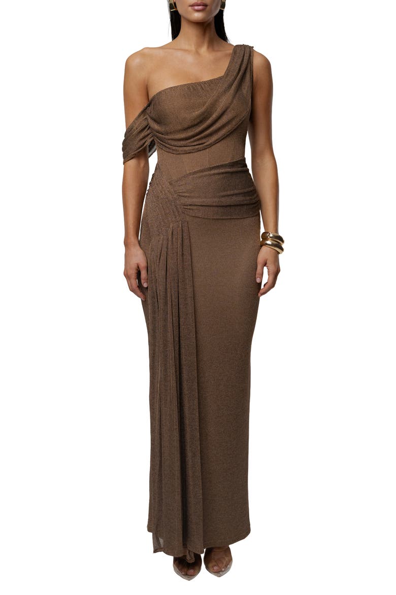 Drape Metallic One-Shoulder Gown, Alternate, color, BROWN