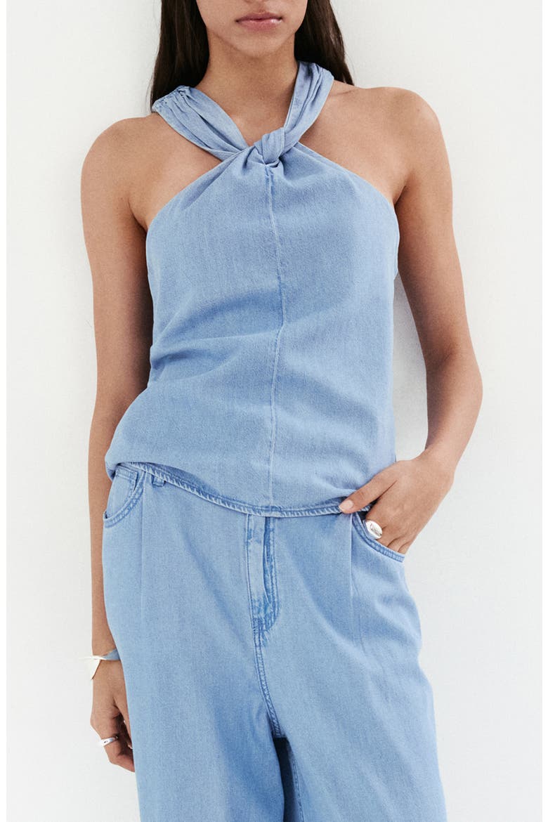 Crossed Strap Denim Top, Alternate, color, LIGHT BLUE