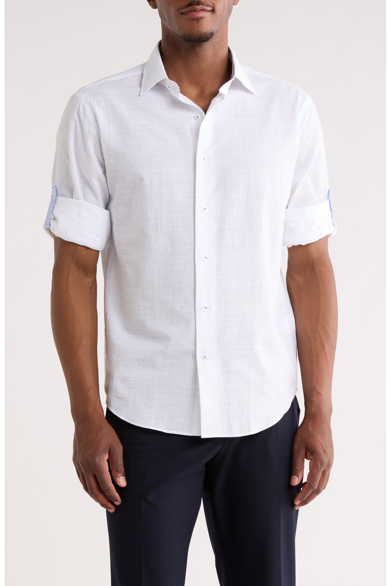 Trim Fit Cotton Seersucker Dress Shirt, Main, color, WHITE