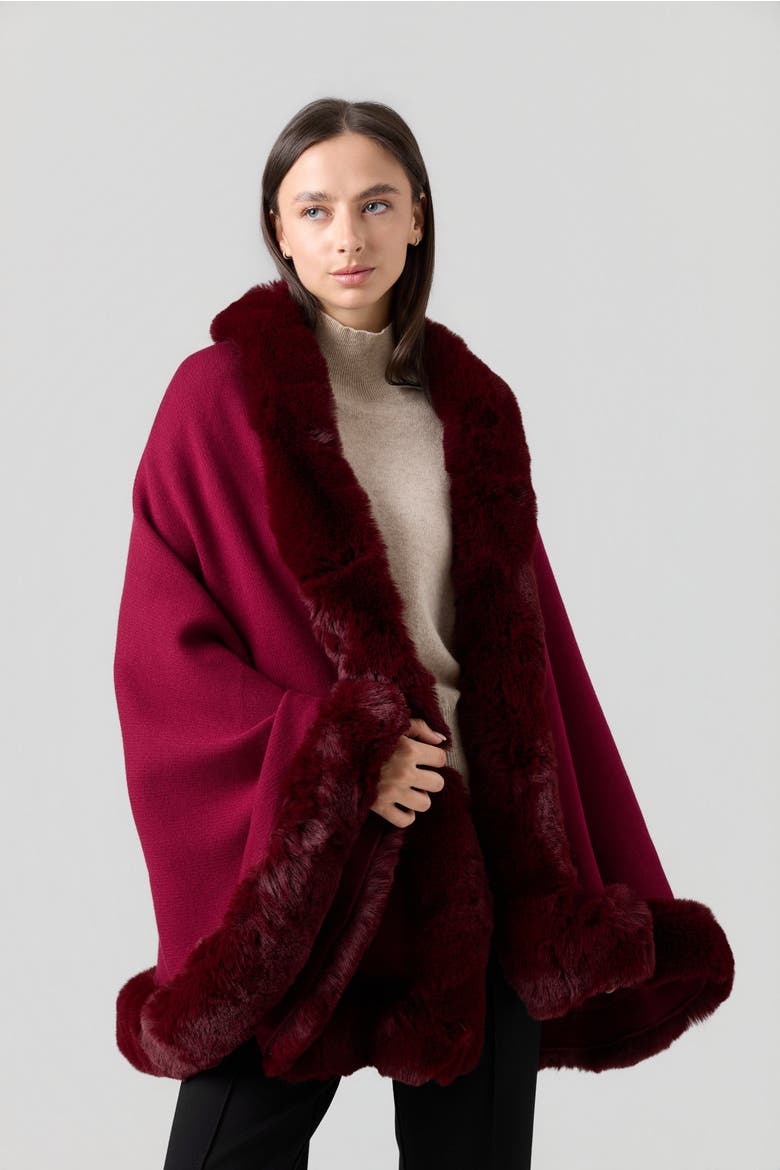 Faux Fur Wrap Cape, Alternate, color, Burgundy