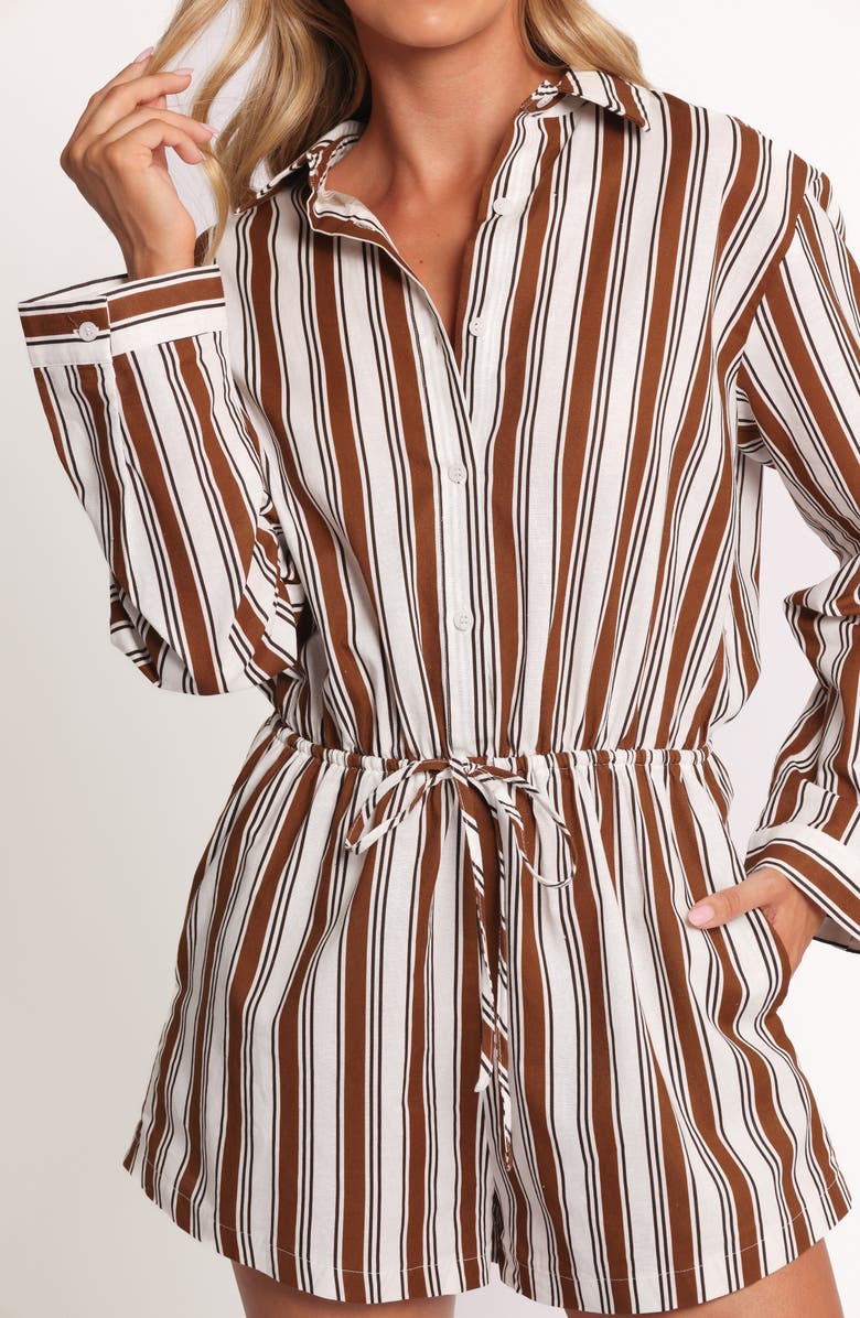 Petal & Pup Beau Stripe Long Sleeve Cotton & Linen Romper, Alternate, color, Chocolate Stripe